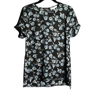 DR2 Black Blue Floral Short Sleeve Blouse XS